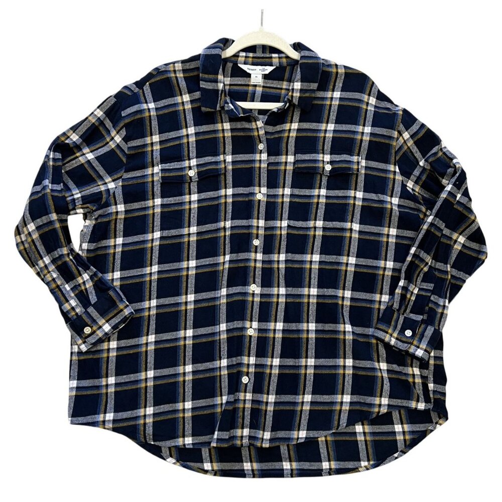 Old Navy Womens XL Boyfriend Shirt 100% Cotton Plaid Navy White